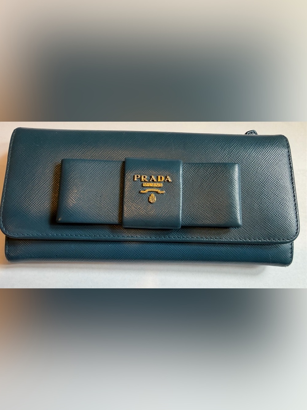 PRADA Saffiano Leather Blue Gold Logo  Continental Wallet with COA